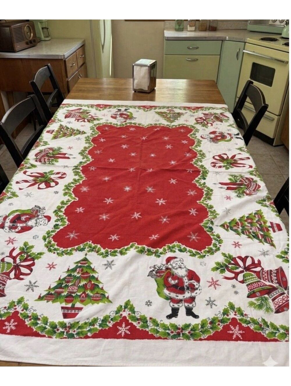 VTG 1950’s Christmas Kitchen Tablecloth Santa Trees Cotton Bells Holly 59x61”